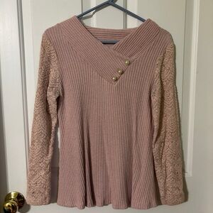 Pink Ribbed Sweater with Lace Sleeves